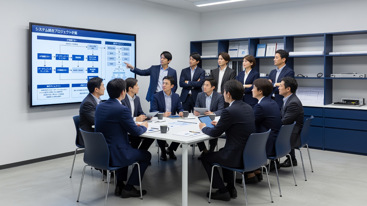 システム統合ワークショップでIT導入について協議するチーム